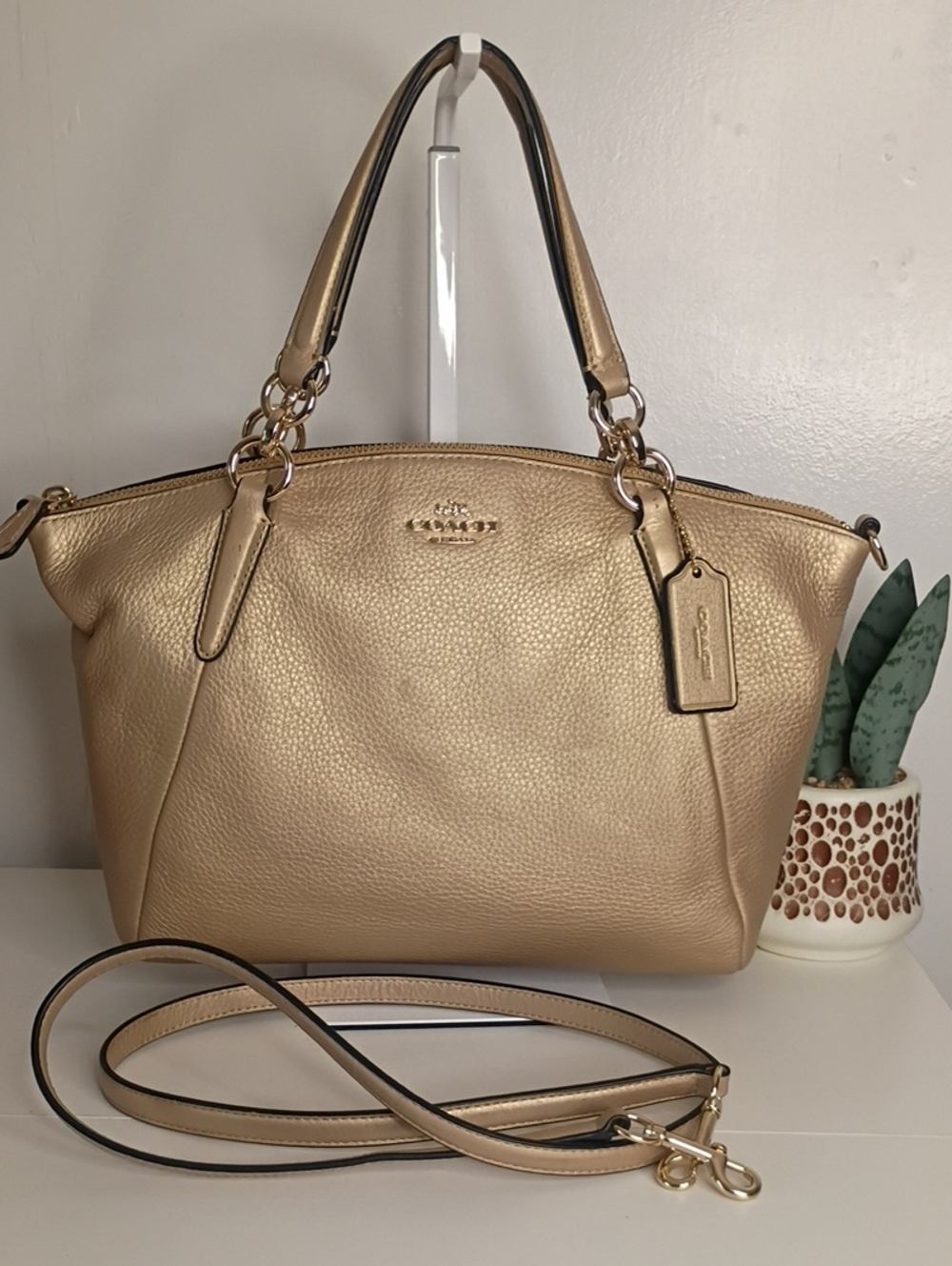 Coach Mini Kelsey Satchel featuring a metallic beige pebbled leather f36675
